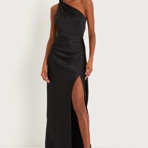 Lulus Signature Elegance Black Satin One-shoulder Maxi Dress - Size M